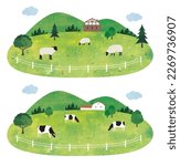 Scenery of a sheep and cows farm watercolor