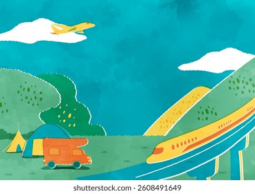 Scenery with Shinkansen, Airplane and Campervan