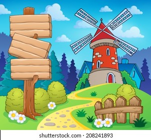 Scenery with sign and windmill - eps10 vector illustration.