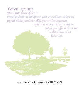 Scenery silhouette, light pastel color. Template with tree in a middle