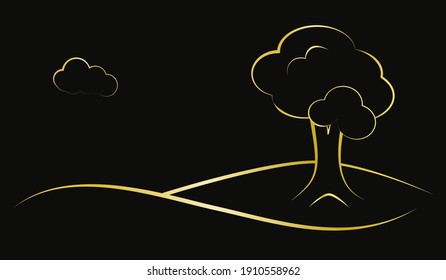 Scenery of a single tree on the hill drawn with golden lines on black background. Vector illustration.