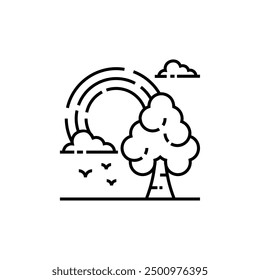 a scenery with sun,clouds and birds,black line flat vector icon useful for digital explanations,forests