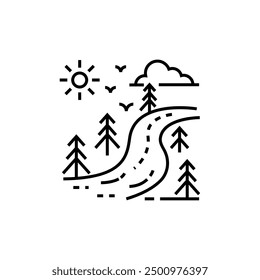 a scenery with sun,clouds and birds,black line flat vector icon useful for digital explanations,forests