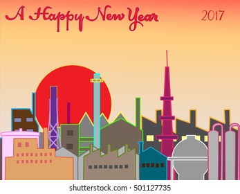 Scenery of the sunrise of New Year holidays of the factory zone.