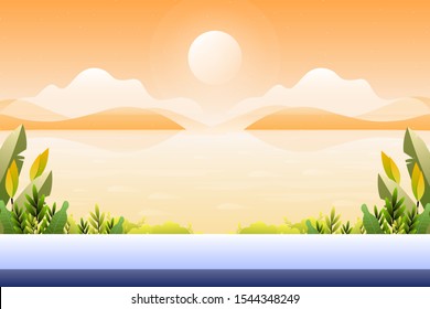 Scenery sunset with sea view background, sea view landscape illustration