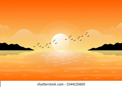 Scenery sunset sky with sea and mountain landscape background, orange sun rise morning sky with seaside