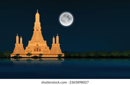 Escenario: pagoda tailandesa a lo largo del río y luna llena por la noche. Vector gráfico