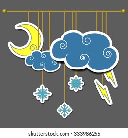 Scenery for theater, moon, cloud, lightning, snowflake. Weather icons. Vector illustration