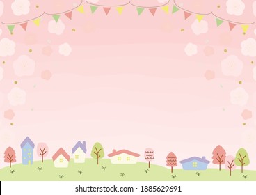 Scenery of town and pink flower background