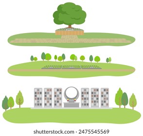 Scenery of a tree burial and communal grave in a cemetery