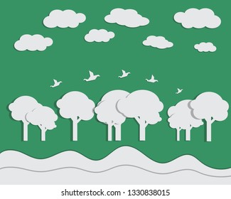 Scenery of trees, birds, streams, paper-cut style