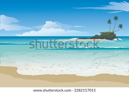 Scenery of Tropical Beach, Ocean and Island. Vector illustration isolated, eps
