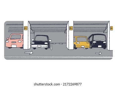 Scenery of underground parking lot, comical handwritten material, vector, warm line drawing