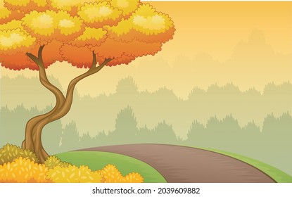 El paisaje de una carretera cuesta arriba y de un árbol a un lado