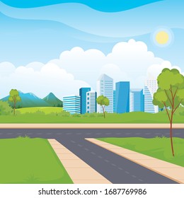 Scenery urban city park skyscraper. modern cityscape downtown flat horizontal vector illustration. with Crossroads, green grass, tree and mountain.