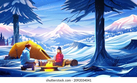 Scenery vector illustration of a couple are enjoying their snow camping in a national park