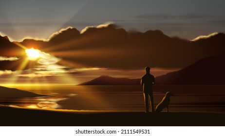 Scenery vector illustration of a man is casually standing with his beloved dog at the seashore with a beautiful sunset.