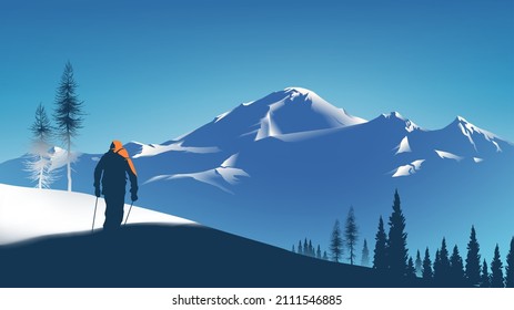 Escandaje vectorial ilustración de un esquiador camina en la ladera de la nieve con una hermosa montaña en el fondo