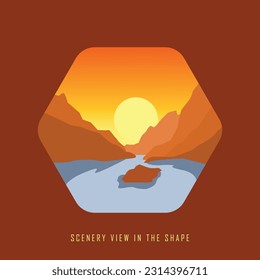 SCENERY VIEW IN THE SHAPE, hexagon shape, sunset view, dark chocolate background