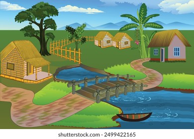 Paisaje de un pueblo rodeado de vegetación con un puente, muchas cabañas, árboles y un hermoso estanque con un barco - encantadora imagen de la naturaleza y la paz rural