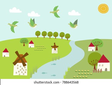 Scenery of windmill and spring stream.
Image of spring. Spring landscape. Illustration of Mountain of Spring. Illustrations of the four seasons.
