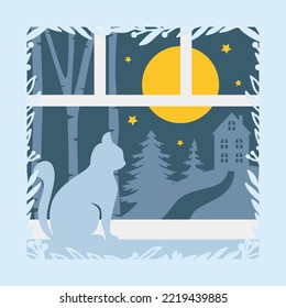 Scenery in the winter with cat, homes and snowy hills. 3D Layered card. Winter illustration with cat, home and trees.