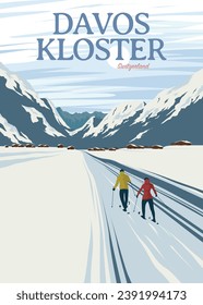 scenery of winter with couple skiing in davos kloster poster, switzerland travel poster vintage illustration design svg