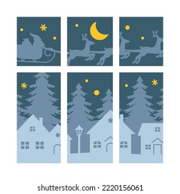 Scenery in the winter with homes and snowy hills. 3D Layered card. Winter illustration with deer, home and Santa Claus.