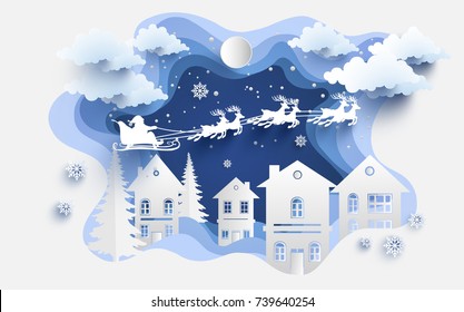 scenery in the winter with homes and snowy hills. design paper art and crafts. winter illustration with home and santa clause.