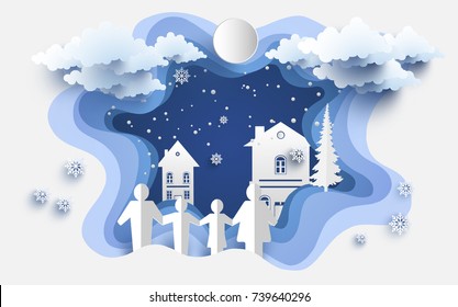 scenery in the winter with homes and snowy hills. family in front of the house. design paper art and crafts