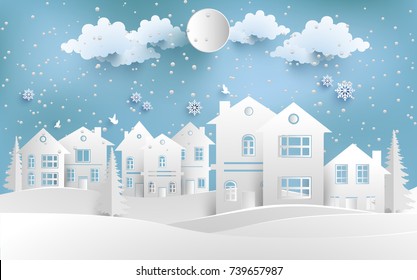 scenery in the winter with homes and snowy hills. design paper art and crafts