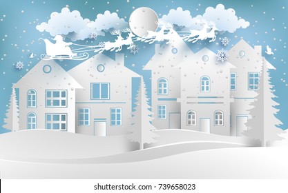 scenery in the winter with homes and snowy hills. design paper art and crafts