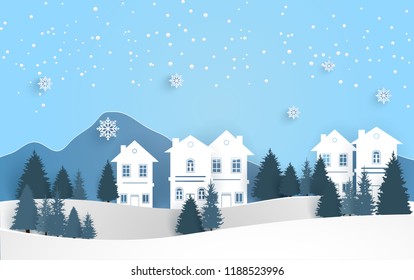 scenery in winter. snow and beautiful pine trees. paper art design