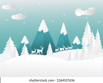 scenery in winter. snow and beautiful pine trees. paper art design