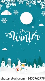 scenery in the winter with snow man and snowy hills. design paper art and crafts