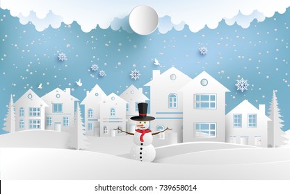 scenery in the winter with snowmen in front of the house and snowy hills. design paper art and crafts