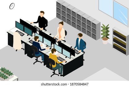 Scenery of working while ventilating in the office, isometric