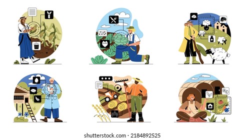 Escenas con trabajadores agrícolas. Agricultores humanos y mujeres cosechando o cosechando cultivos, pastoreando ovejas en el campo y cultivando verduras en invernadero. Colección vectorial plana de dibujos animados aislada en blanco