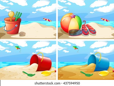 Scenes with beach and toys illustration