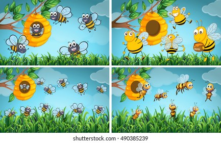 Scenes with bees and beehive illustration