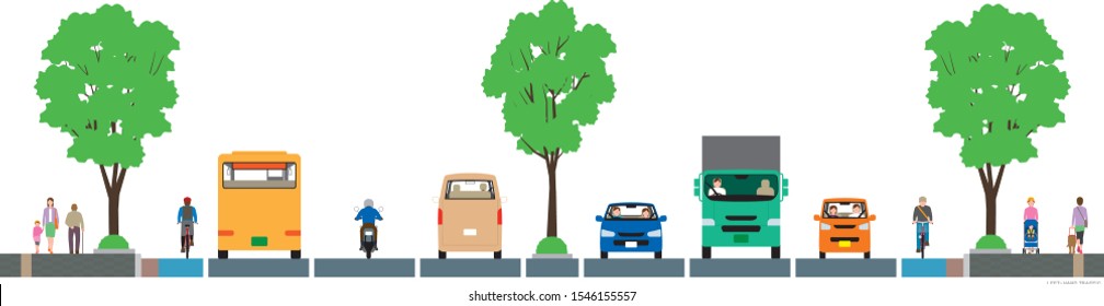 Scenes of cars and pedestrians on the left-hand traffic road.
Vector material