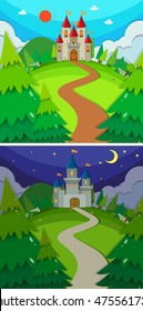 Scenes with castles in the forest day and night illustration