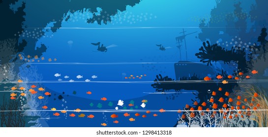 Scenes - coral reefs and sea anemones Under the ocean and colorful fish, vector illustration of the vector sea landscape