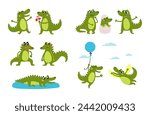 Scenes with cute cartoon crocodiles. Crocodile family with newborn reptile from egg, flying and emotional wild animals. vector childish mascots