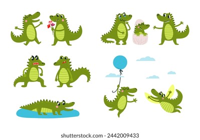 Scenes with cute cartoon crocodiles. Crocodile family with newborn reptile from egg, flying and emotional wild animals. vector childish mascots