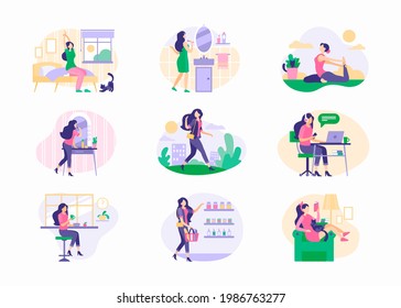 Scenes from daily routine young woman set. Girl wakes up in morning and brushes her teeth exercises gets dressed and goes to work. She buys after work and reads book at home in evening. Vector flat