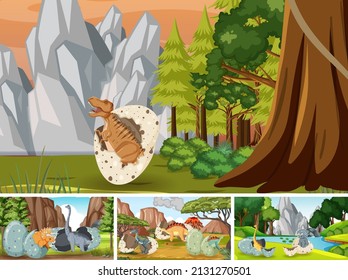 Scenes with dinosaurs hatching  illustration