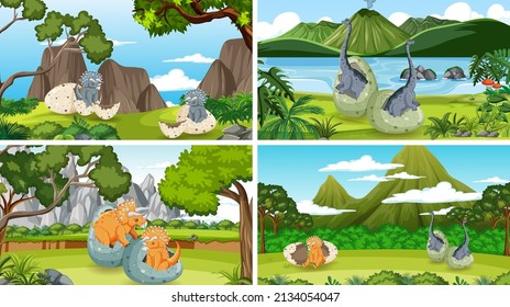 Scenes with dinosaurs hatching illustration