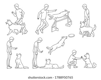 Scenes of dog training with cartoon characters of man and his pet learning various commands and tricks, sketch line vector illustration isolated on white background.