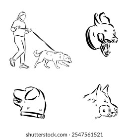 Cenas de treinamento de cães com personagens de desenhos animados do homem e seu animal de estimação aprendendo vários comandos